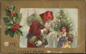 Christmas - Santa Claus & Children Red Hood Gold Border c1910 Postcard