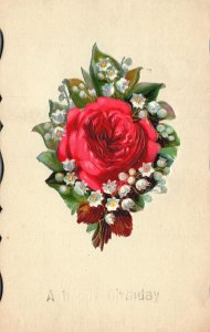 Vintage Postcard 1910's A Happy Birthday Red Rose Bouquet Greetings and Wishes