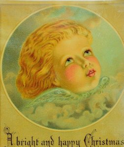 Lovely Winged Heavenly Baby Angel Head Happy Christmas Victorian Card #E