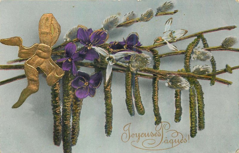 Postcard Holidays joyeuses paques flowers decoration mauve white France