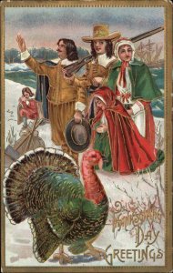 Thanksgiving Pigrim Family Hunter Watches Turkey c1910 Vintage Postcard