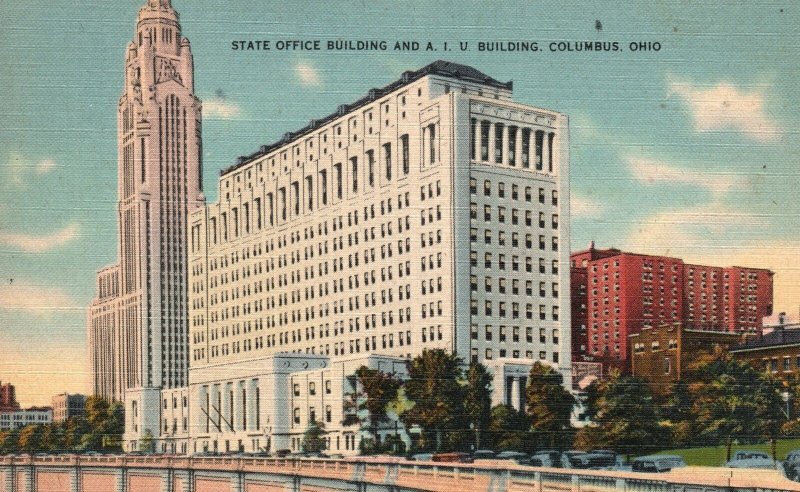 Columbus OH-Ohio, State Office Building & A. I. U. Street View Vintage Postcard