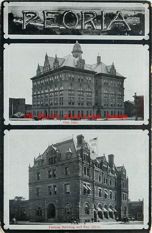 IL, Peoria, Illinois, City Hall, Federal Bldg, Post Office, MultiView, Wheelock