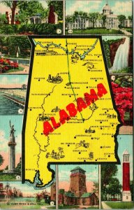 Alabama State Map Greetings Linen Postcard G16