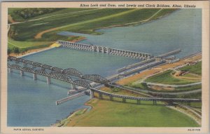 Postcard Alton Lock and Dam + Lewis + Clark Bridges Alton IL