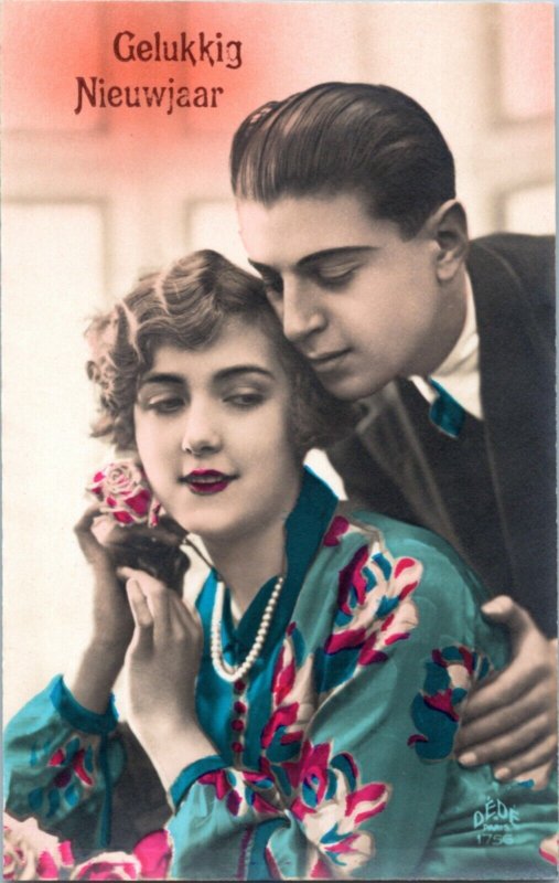 Postcard New Year Romance Couple colorized photo Dede Paris 1756 series