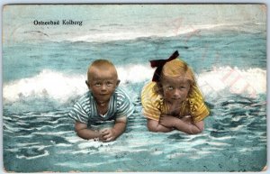 c1910s Kolberg, Poland Cute Polish Children Swim Baltic Sea Beach Postcard A171