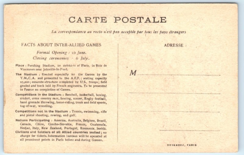 WWI Inter Allied Games Pershing Statdium Sports Postcard Atheltics