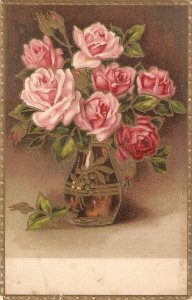 Beautiful roses in vase Nice vintage Postcard