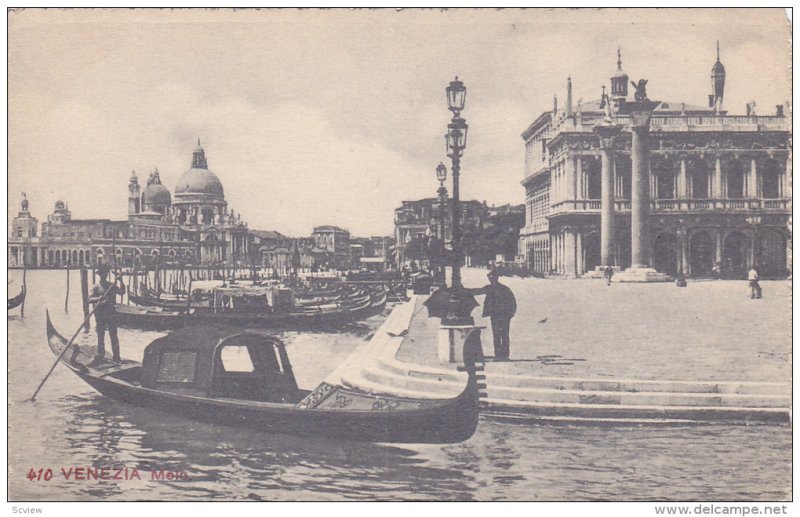 Venezia, Gandolas docked along curb, Veneto, Italy, 00-10s