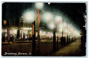 1910 Streetlights Road Exterior Building Night Broadway Aurora Illinois Postcard