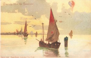 Vintage Postcard Greeting From Seashore Boats Ships Birds Franz Huld Publisher