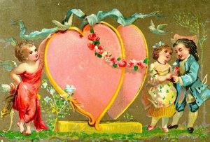 lovely Valentine Cupid Cherub Loving Couple Giant Pink Hearts Victorian Card D2