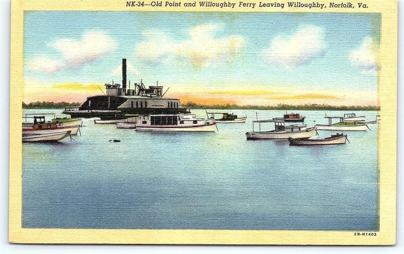 Postcard VA Norfolk Old Point and Willoughby Ferry Leaving Willoughby Linen E14
