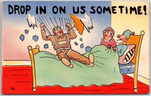 1915 Droppin in the Bed Drop in Us Sometime Posted Comic Card Postcard