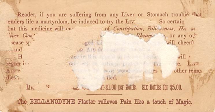 Approx. Size: 2.5 x 5 Dr Grosenor's Liver Aid  Late 1800's Tradecard Non  