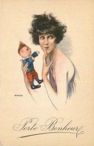 Postcard 1920s Deco Woman doll Bianchi artist hand colored TP24-271