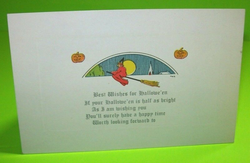 Antique Halloween Postcard Witch On Broom Moon Original HWA Auburn Unused 2500