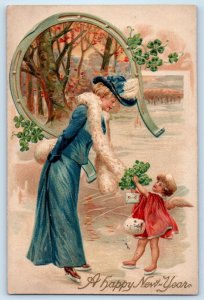1907 New Year Angel Giving Shamrocks To Pretty Woman Horseshoe Embossed Postcard