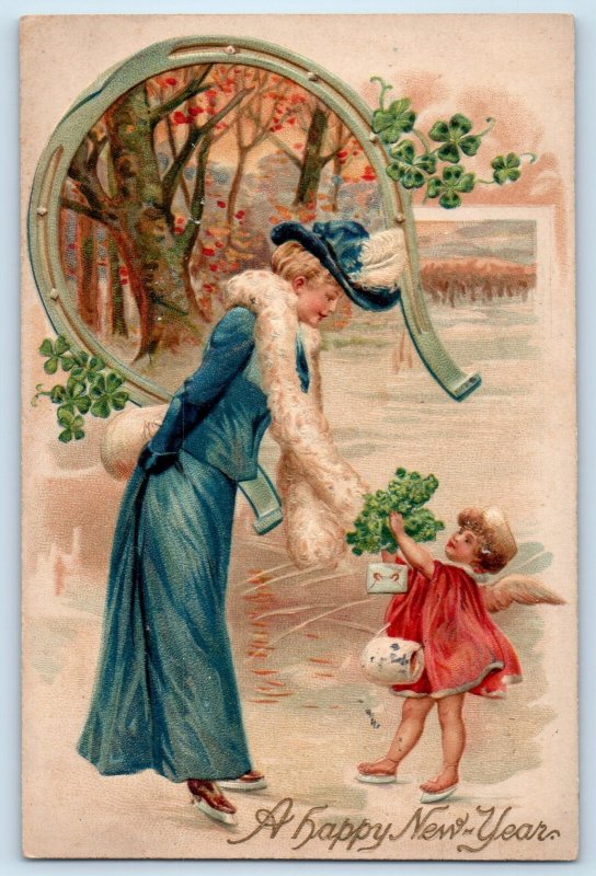 1907 New Year Angel Giving Shamrocks To Pretty Woman Horseshoe Embossed Postcard