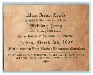 1929 Marathon Dance Invite Card Baesman's Dancing Academy, Portsmouth Ohio P64