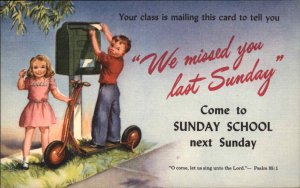 Children Mailbox Antique Scooter Rally Day Christianity Vintage Linen PC