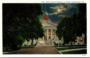 Vtg 1930's State Capitol Building At Night Tallahassee Florida FL Linen Postcard