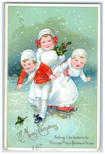 1913 Christmas Childrens Ice Skating Handwarmer Berries Snelling CA Postcard