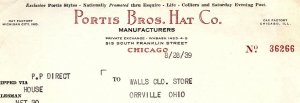 1939 PORTIS BROS HAT CO.  515 S. FRANKLIN ST CHICAGO IL BILLHEAD INVOICE Z1192