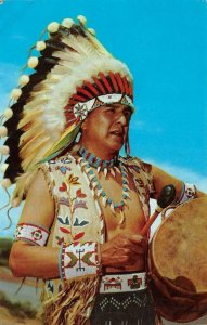 Native Americana  BLUE SKY EAGLE~Indian Man With Headdress~Tom Tom Drum Postcard