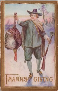 Thanksgiving Pilgrim Man Turkey Rifle Gun 4101 Embossed Postcard H27