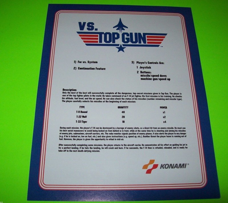 TOP GUN Original 1987 Video Arcade Game Promo Flyer Jet Airplanes