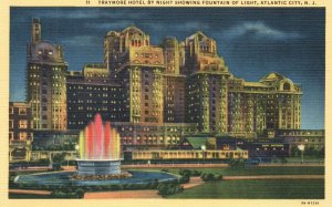 Vintage Postcard Traymore Hotel By Night Fountain Light Atlantic City New Jersey