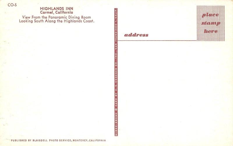Carmel California~Highlands Inn~1960 Postcard 