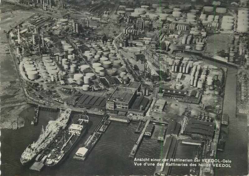 Postcard France aerial view of harbour and oil refineries at Veedol Oele