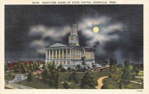 NASHVILLE, Tennessee TN   STATE CAPITOL  Night View~Full Moon  c1940's Postcard