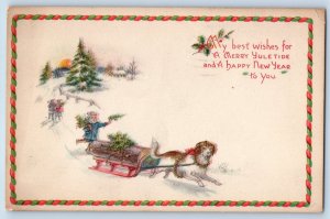 Christmas Postcard Dog Pulling Log On Winter With Holly Berries Red Wing MN 1921