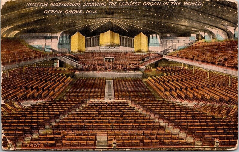 Interior Auditorium Showing Worlds Largest Organ Ocean Grove NJ Postcard Note PM 