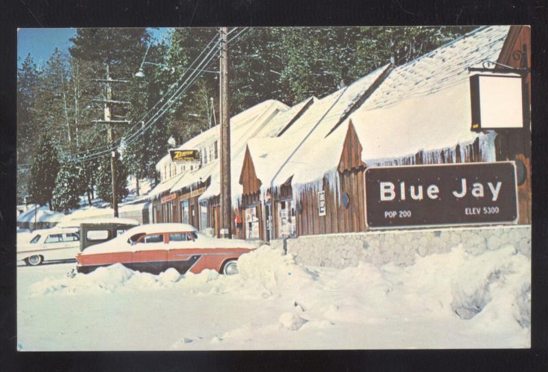 BLUE JAY CALIFORNIA 1950's CARS STREET SCENE WINTER SNOW VINTAGE POSTCARD