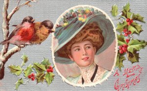 Vintage Postcard A Merry Christmas Birds Beautiful Face Lady Green Leaves