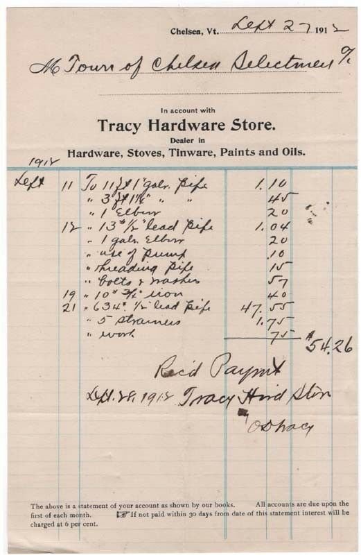 1912 Billhead, TRACY HARDWARE STORE, Chelsea, Vermont