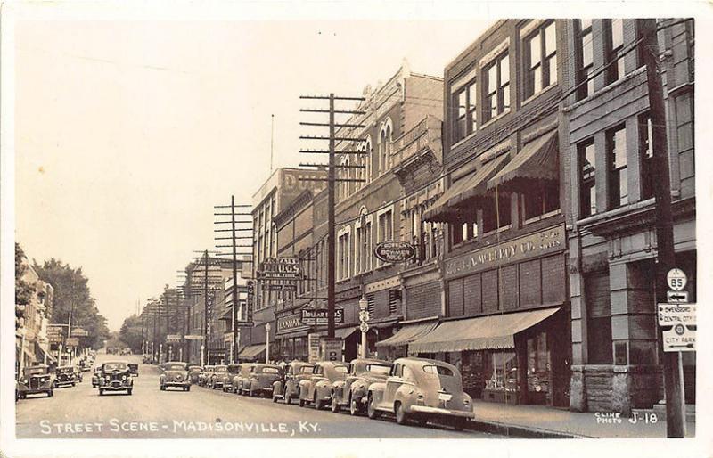 Madisonville KY Street Store Fronts Old Cars 1949 Real Photo RPPC Postcard