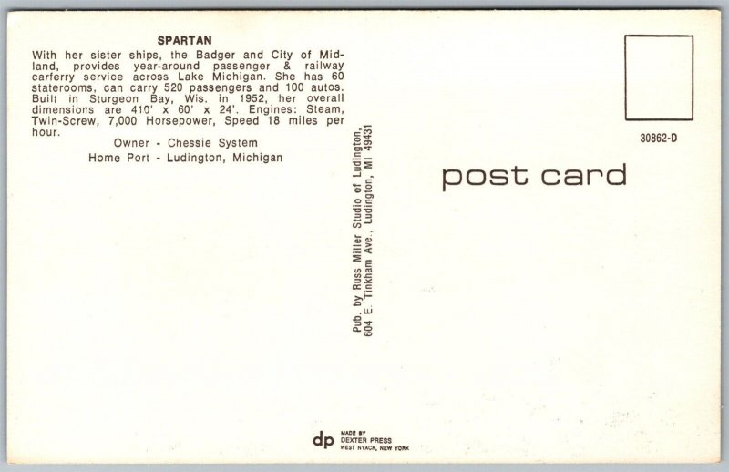 Vtg Spartan Passagger & Railway Car Auto Ferry Ludington Michigan MI Postcard