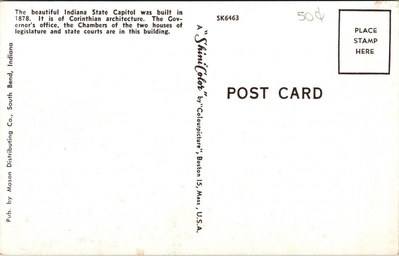 Indiana State Capitol Indianapolis IN Postcard VTG UNP Vintage Unused Chrome 