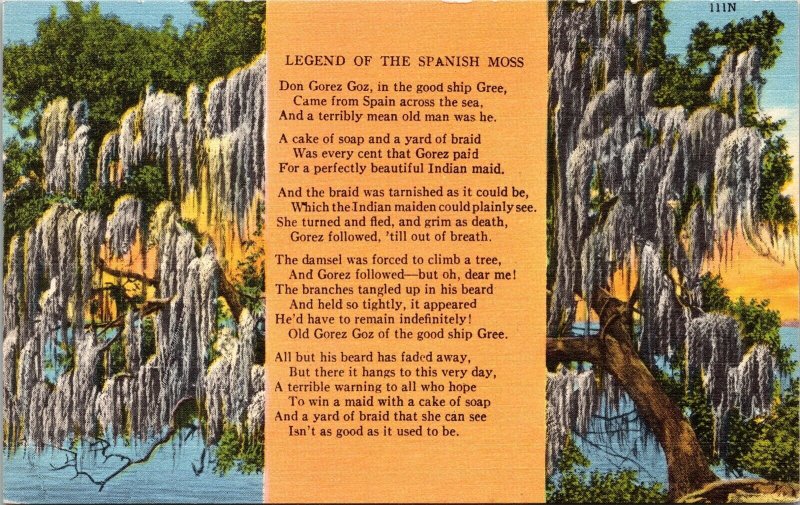 Legend Spanish Moss Poem Dual View Postcard VTG UNP Tichnor Vintage