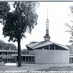 c1950s Manchester, IA RPPC First Methodist Church Unique Modern Bell Tower A108