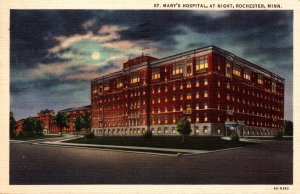 Minnesota Rochester St Mary's Hospital At Night 1936 Curteich