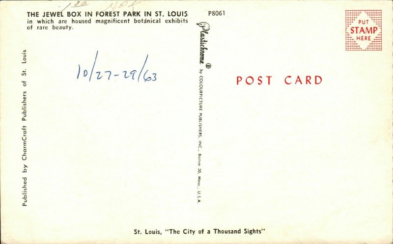 Postcard Missouri St. Louis The Jewel Box Building in Forest Park Chrome Era