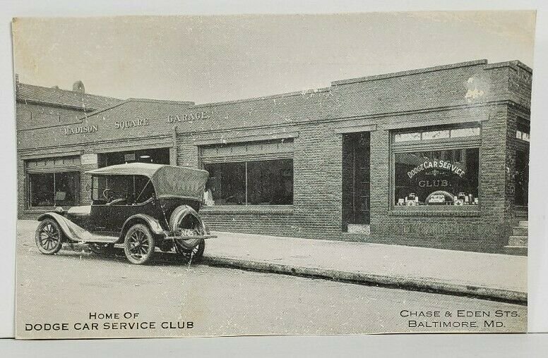 Baltimore Md Madison Square Garage Dodge Car Service Case & Eden St Postcard M19