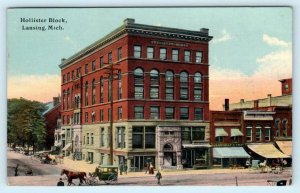 LANSING, Michigan MI ~ Street Scene HOLLISTER BLOCK 1915  Postcard